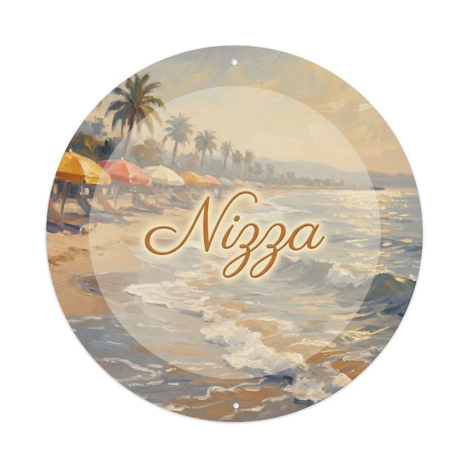 Nizza Impressionist Beach Waves French Riviera Travel Metal Tin Sign Plaque Wall Decor for Cafe, Man Cave, Club Bar, Office, Home Garden Round Metal Poster 8x8Inch