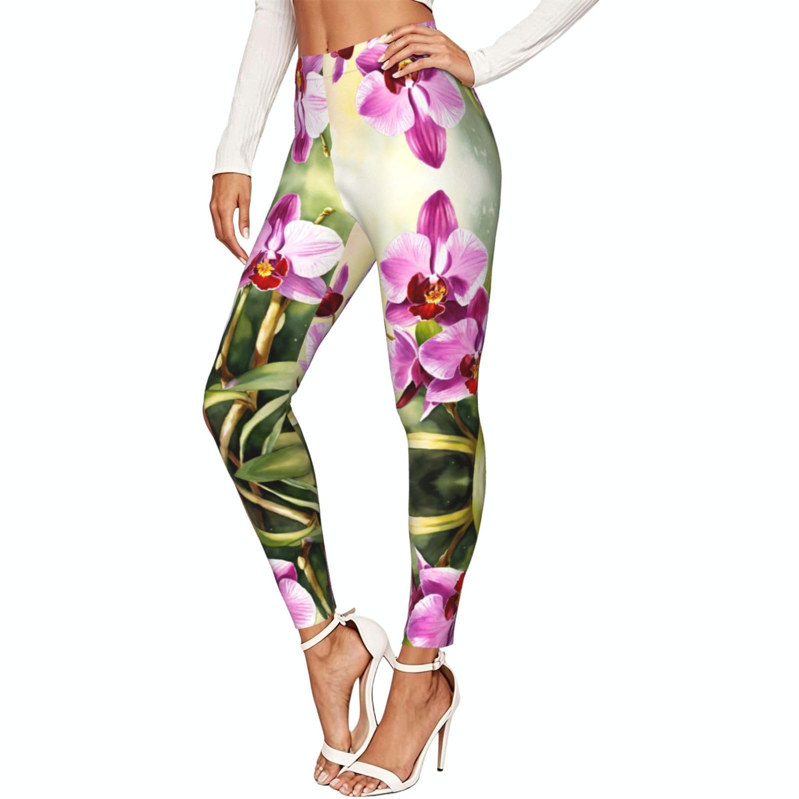 Leggings de compresión de mujer con estampado de orquídeas mallas suaves para deporte 7