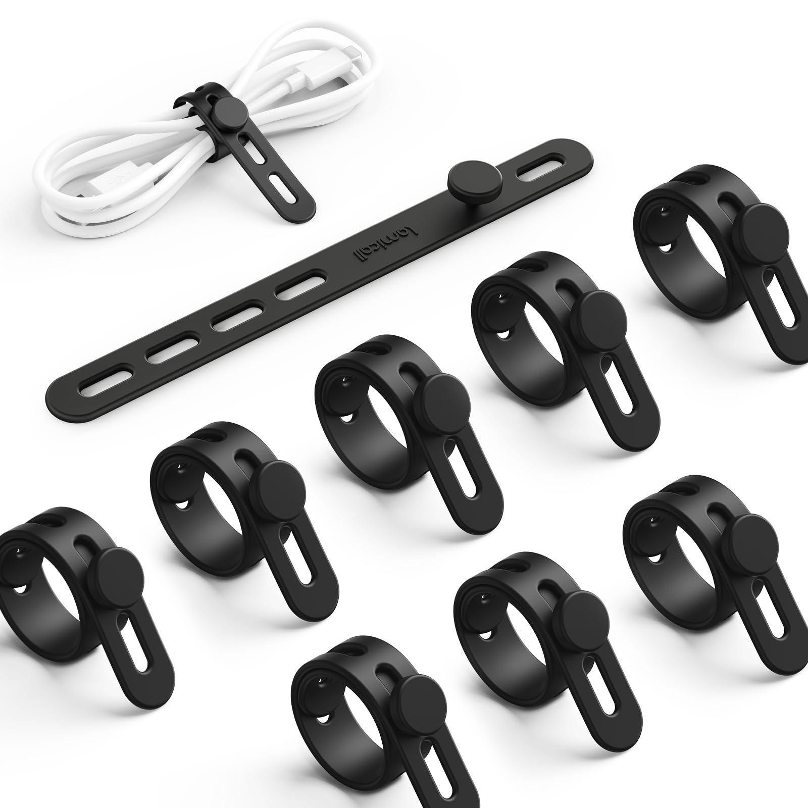 Lamicall 10 Pack Silicone Cable Ties Cord Organizer - Wire Management Wraps | Reusable, Stretchy, Skin-Friendly Rubber Charger Straps Ties, Electrical Cord Keeper for Travel, Home Office Desk Accessories