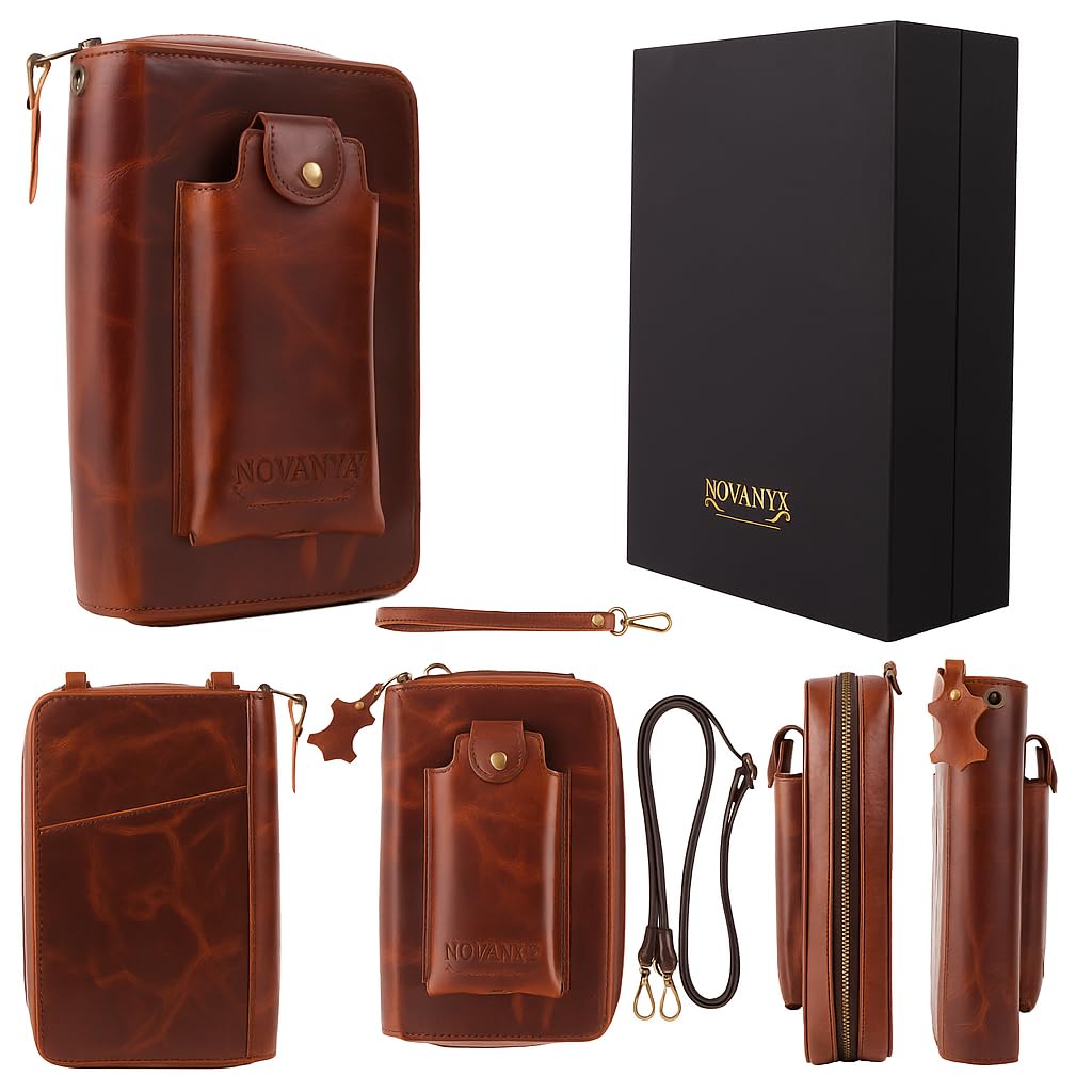 NOVANYX 2026 100% Genuine Cowhide First Ever Leather Passport Holder + Tech Accessories Bag Combo – Full-Grain Vegetable-Tanned, RFID Blocking