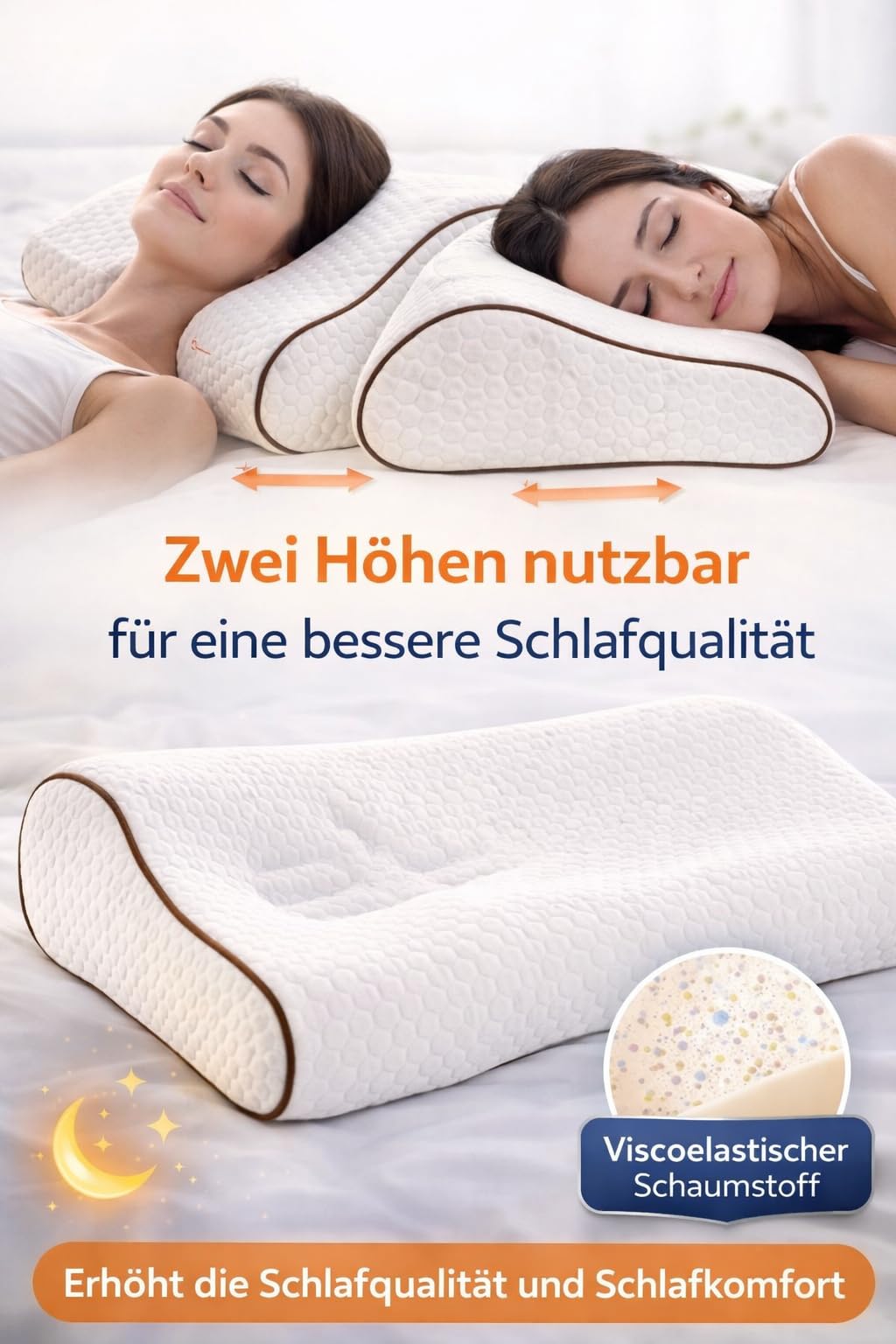 ELY PARKER Almohada ortopédica de apoyo cervical, 40 x 60 cm, espuma viscoelástica para dormir de lado, altura regulable, 12 a 14 cm, almohada cervical ergonómica fija (2 unidades)