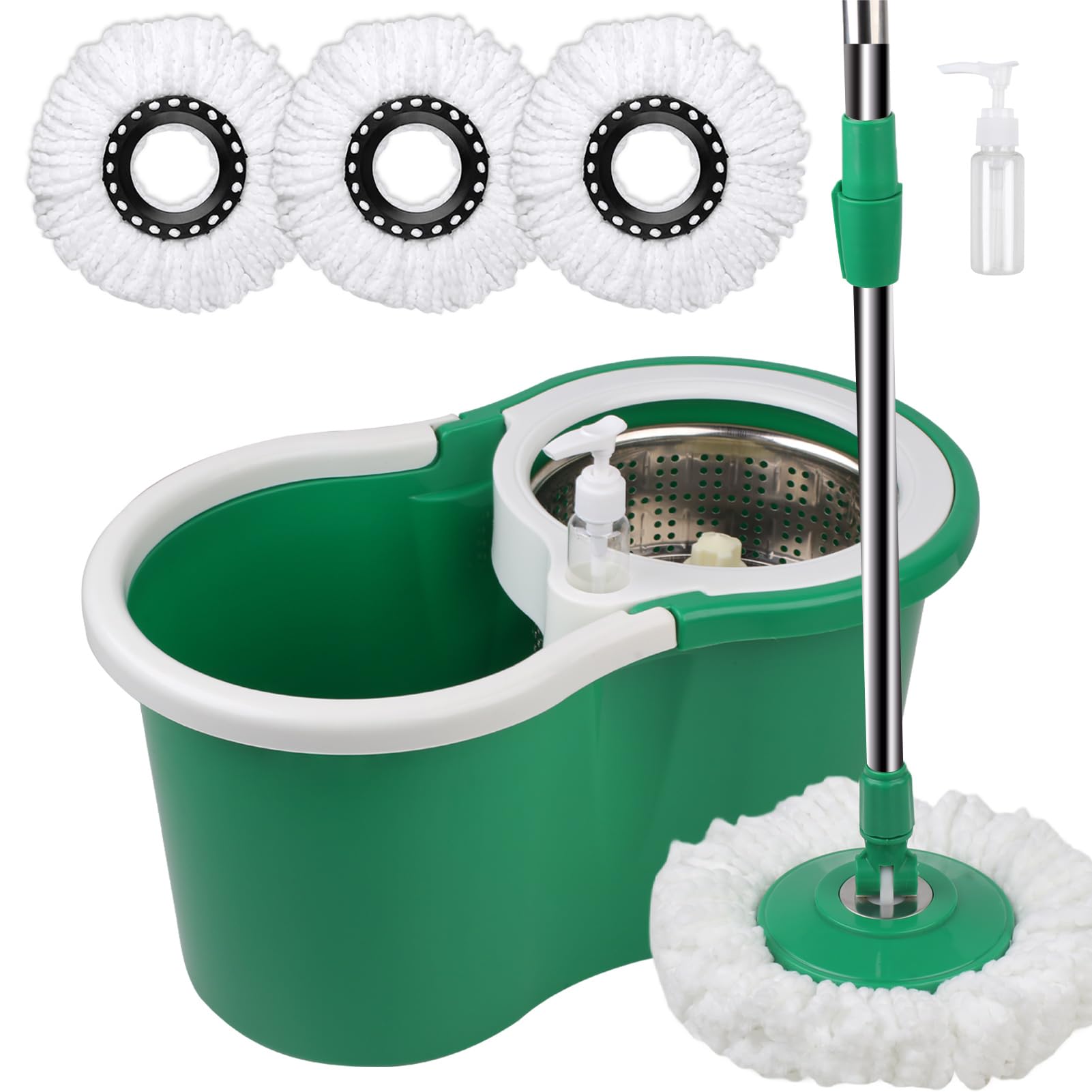 Spin Mop and Bucket with Wringer Set, 360° Rotating Head Mop Bucket System with 3 Microfiber Mop Refills Wet and Dry Suitable for Office and Home Use, Green (Green)
