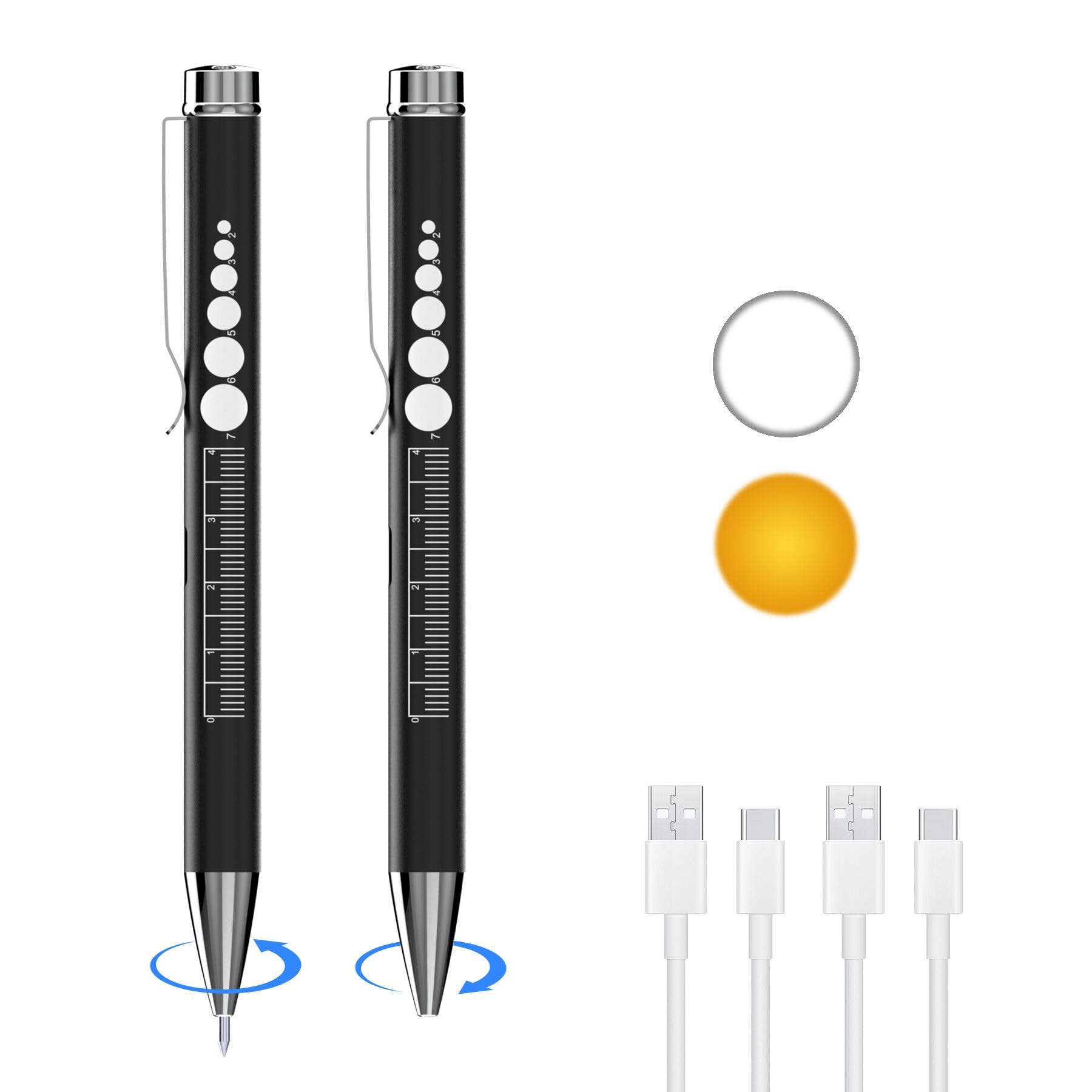 SEVENKA 2 Rechargeable Ballpoint Pen Lights with Pupil Gauge & Ruler, LED Penlights for Nurses Doctors, USB-C Rechargeable, Warm/White Light, Pocket Clip, Penlight Flashlights for Nursing Student