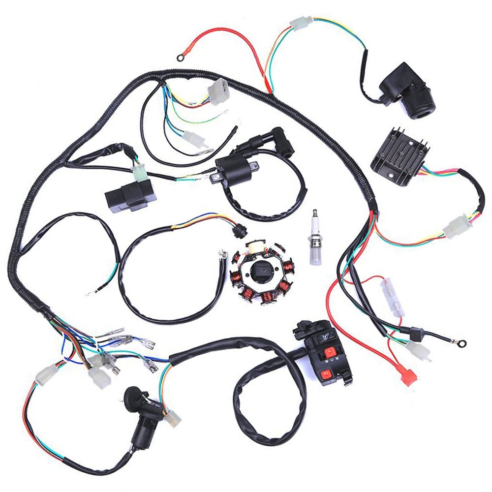 Amazon.com: Wiring Harness kit Wire loom | Complete Electrics Stator Coil  CDI for 150cc-300cc ATV QUAD 4 Four wheelers Go Kart Dirt Pit bikes (2  fixing holes) : Automotive