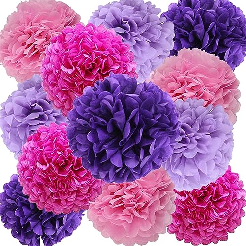 Image of We Moment Purple Pink Tissue Paper Pom Poms for Purple Pink Girl Party Decoration Ceiling Wall Hanging Tissue Pom Poms 12pcs 4 Colors Hot Pink Light Pink Deep Purple Light Purple of 12 Inch 10 Inch