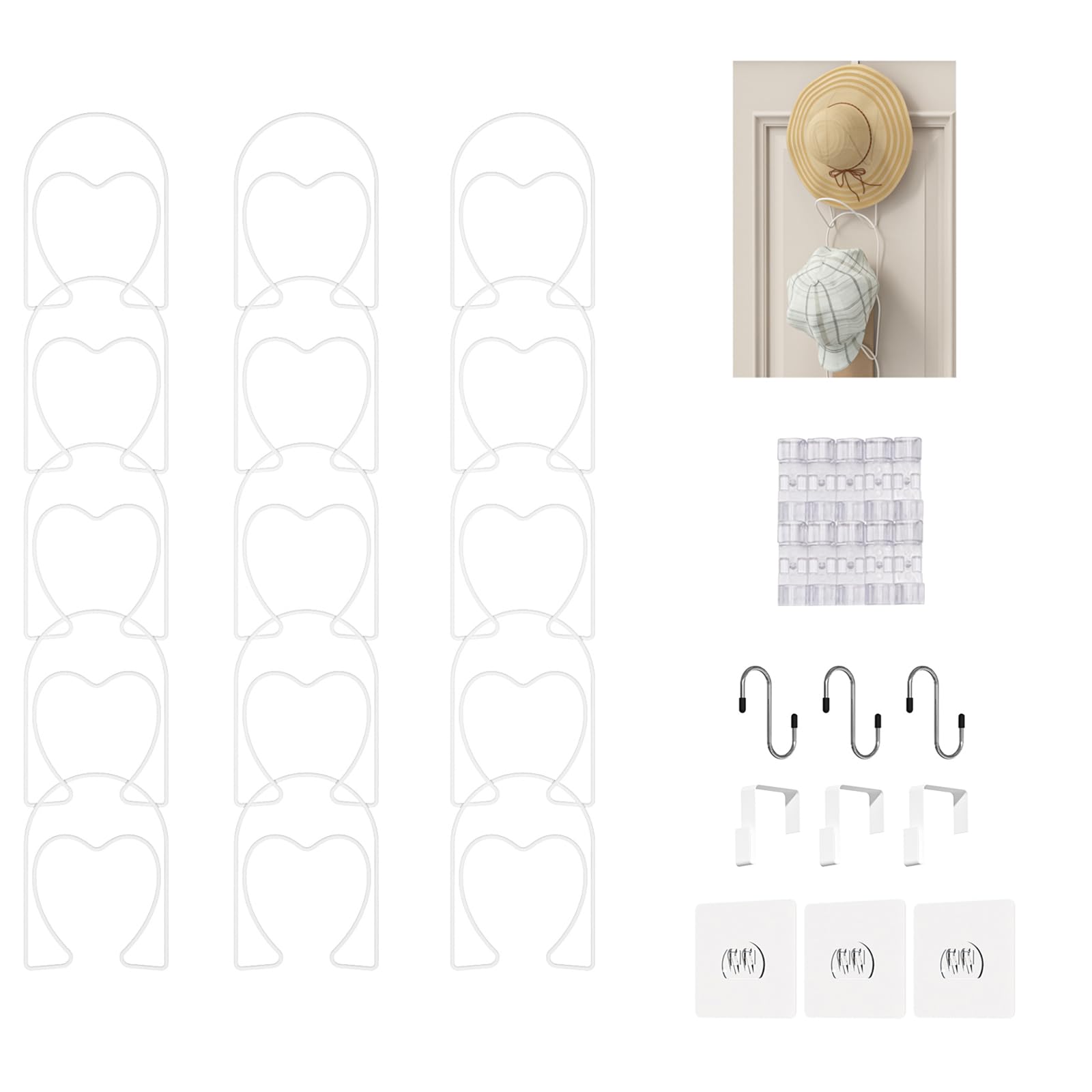 LINFIDITE15 PCS Hat Rack Hanging Baseball Cap Display Storage Rack Over Door Wall Mounted for Scarves Handbags Towels Clothes Tie w Hanging Hooks White
