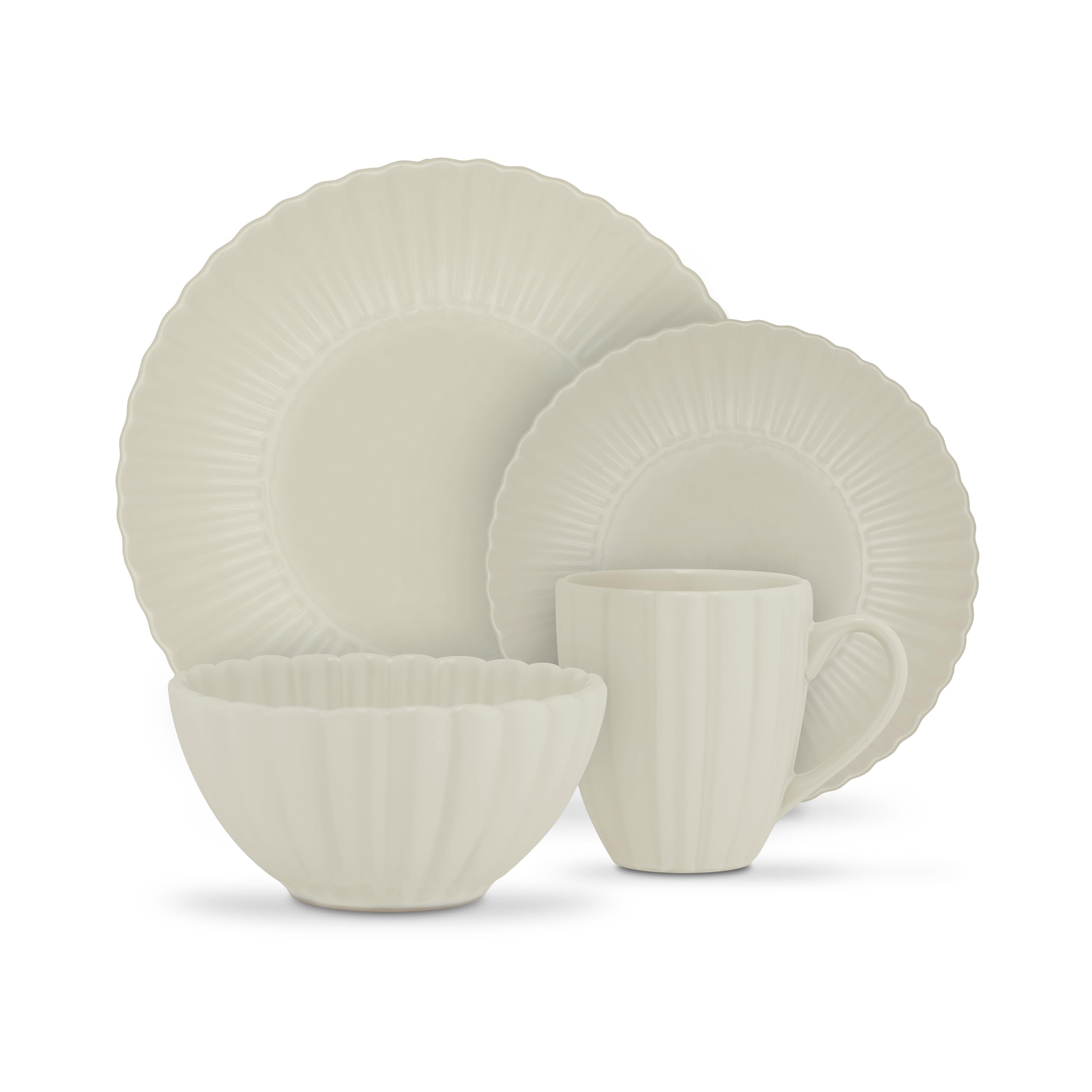 Swan 16 Piece Scallop Edge Stoneware Dinner Set, 4 x Dinner Plates, Side Plates, Bowls, Mugs, Durable, Microwave and Dishwasher Safe, Cream, SWKA1460CRM