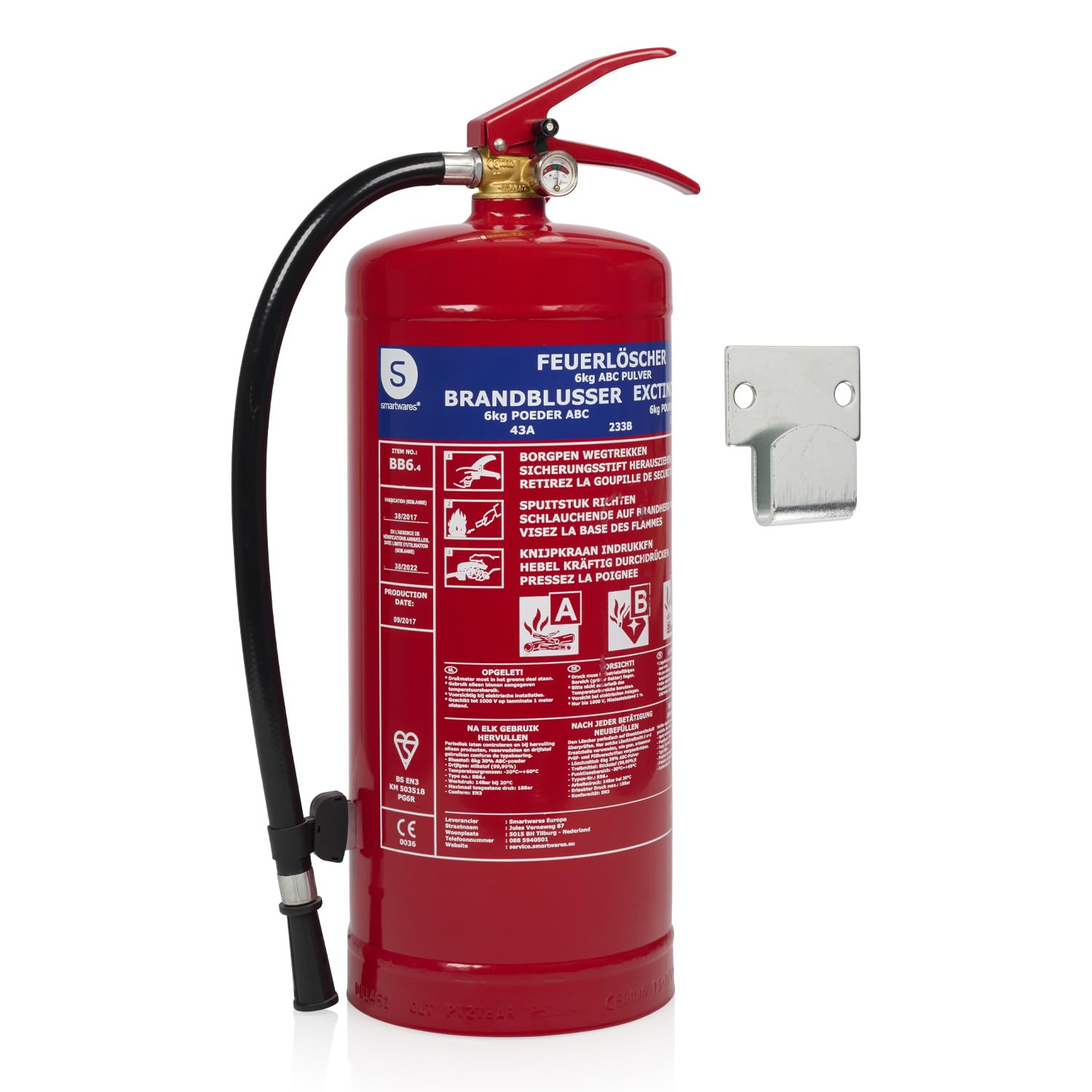 Smartwares Extintor de polvo - 6 kg - para incendios ABC - Adecuado para vehículos grandes y viviendas - Soporte de montaje incluido - FEX-15162