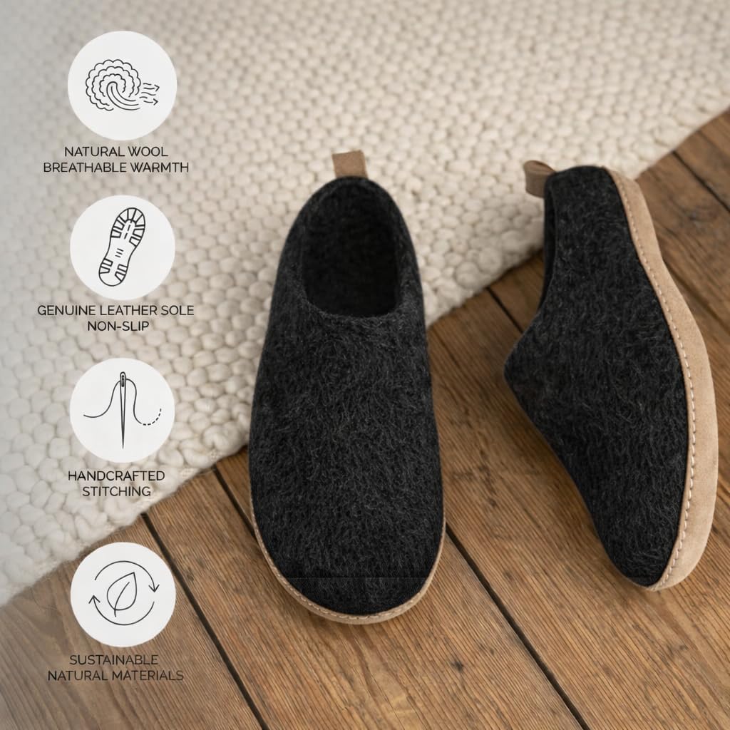 Wool Indoor Slippers - Natural Organic Wool, Genuine Leather Sole, Handmade in Nepal - Cozy, Warm, Soft, Unisex Non-Slip House Shoes for Men & Women - Perfect for Winter Comfort (Black, US Footwear Size System, Adult, Women, Numeric, Medium, 7.5) - Image 6