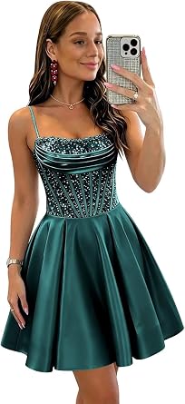 Sequin Satin Homecoming Dresses for Teens Spaghetti Straps Corset A Line Short Prom Dressess 2026