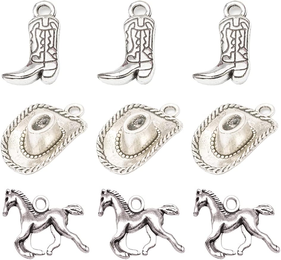 60 Pcs Antique Alloy Cowboy Hat Charms Pendants Boot Horse Charms Beads Pendants for Jewelry Making Earrings Bracelet Necklace