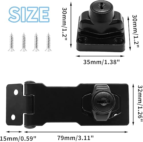 Miniatura 4 de 2 cerraduras de cerrojo con llave, cerrojo de seguridad negro de 3 pulgadas con cerradura, cerrojo de bloqueo con llave con perilla giratoria con