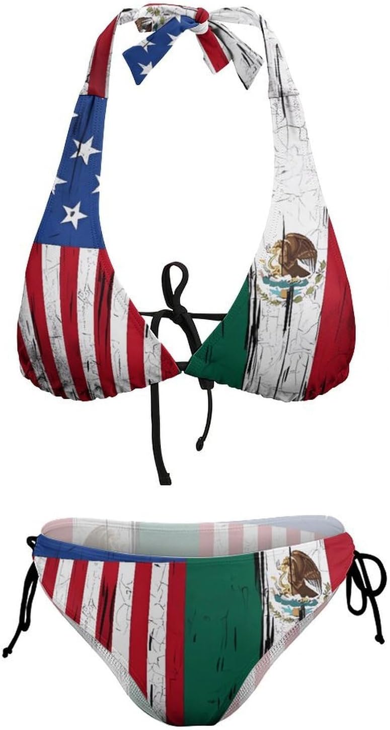 Half US Half Mexican Flag Novelty Women's 2 Piece String Bikini Set Swimsuits Bathing Suit Swimwear