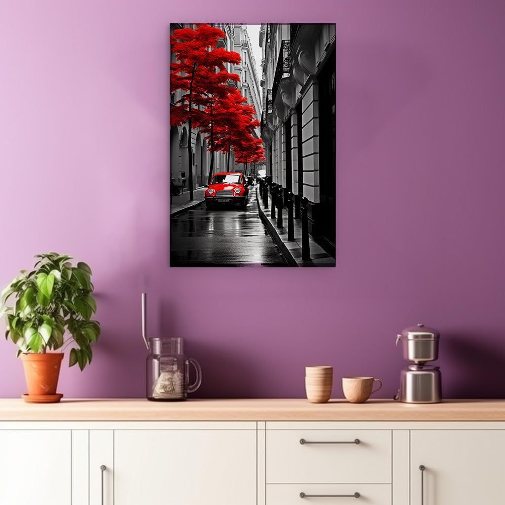 Canvas for Living room. Red Accents in a Monochrome Parisian Street Tableau, 27 x 18 inch Canvas Wall Art - Modern Home Decor