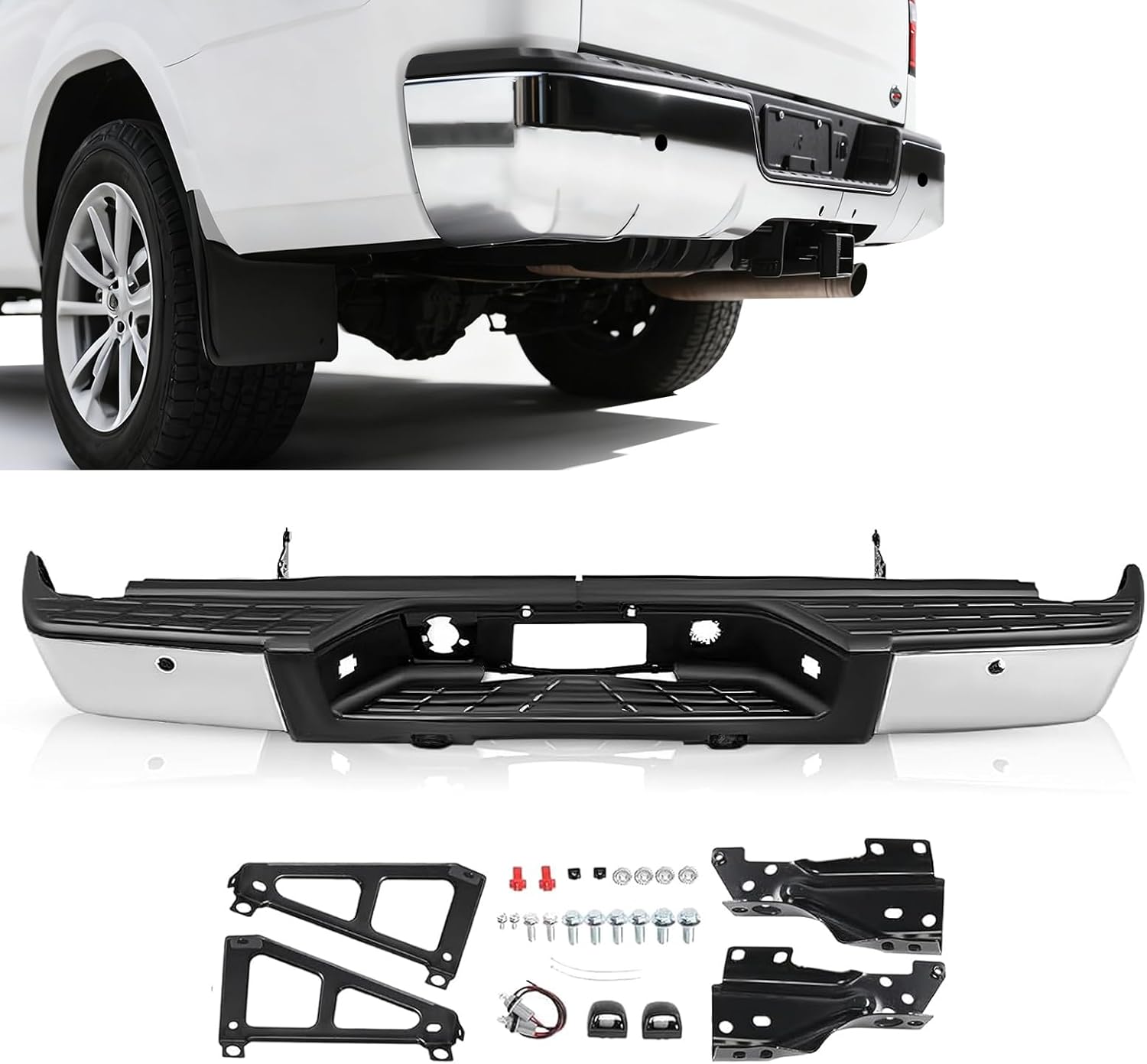 Rear Step Bumper Assembly for 2014-2018 Chevy Silverado 1500 & GMC Sierra 1500,Replacement for GM1103177，Black, without Park Sensor Holes