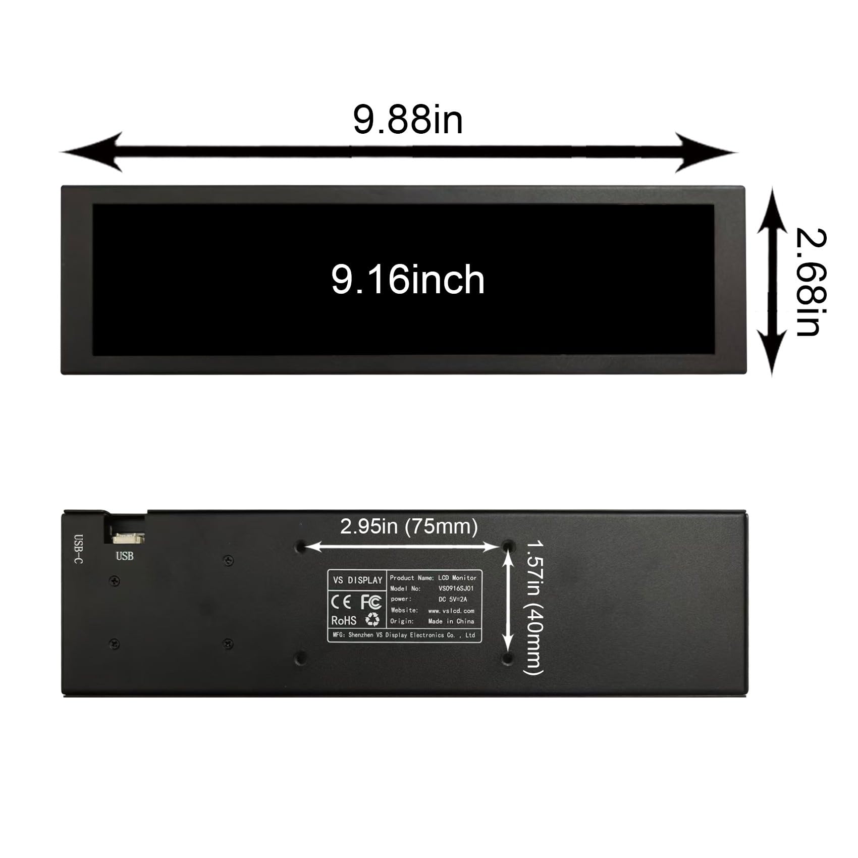 VSDISPLAY Monitor LCD Negro IPS de 9,16 Pulgadas 462 x 1920 | para carcasa de PC, CPU de bricolaje, pantalla y tema de computadora