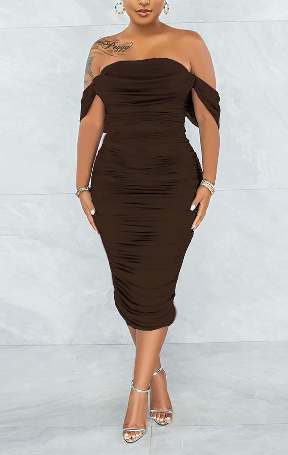 Women's Sexy Off Shoulder Sleeveless Bodycon Ruched Midi Elegant Cocktail Evening Party Night Tube Dresses - Image 4