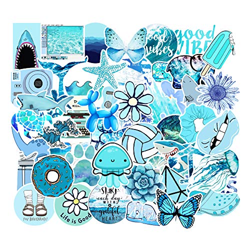 Stickers for Water Bottles, 53 Pcs Hydro Flask Sticker Pack, Trendy VSCO Vinyl Aesthetic Stickers for Laptop Hydroflasks Skateboard, Waterproof Cool Cute Sticker for Teens Girls Adult, Blue