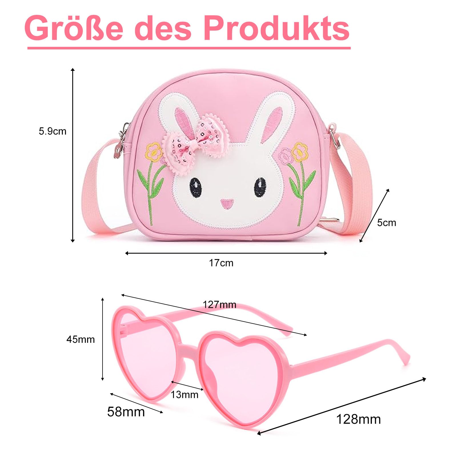 dogmoon Teenager Kaninchen Tasche, Handtasche Prinzessin mit 1 Stück Brille und 14 Stück Haarklemmer, Teenager Hase Geldbörse PU Leder Prinzessin Mini Handtasche
