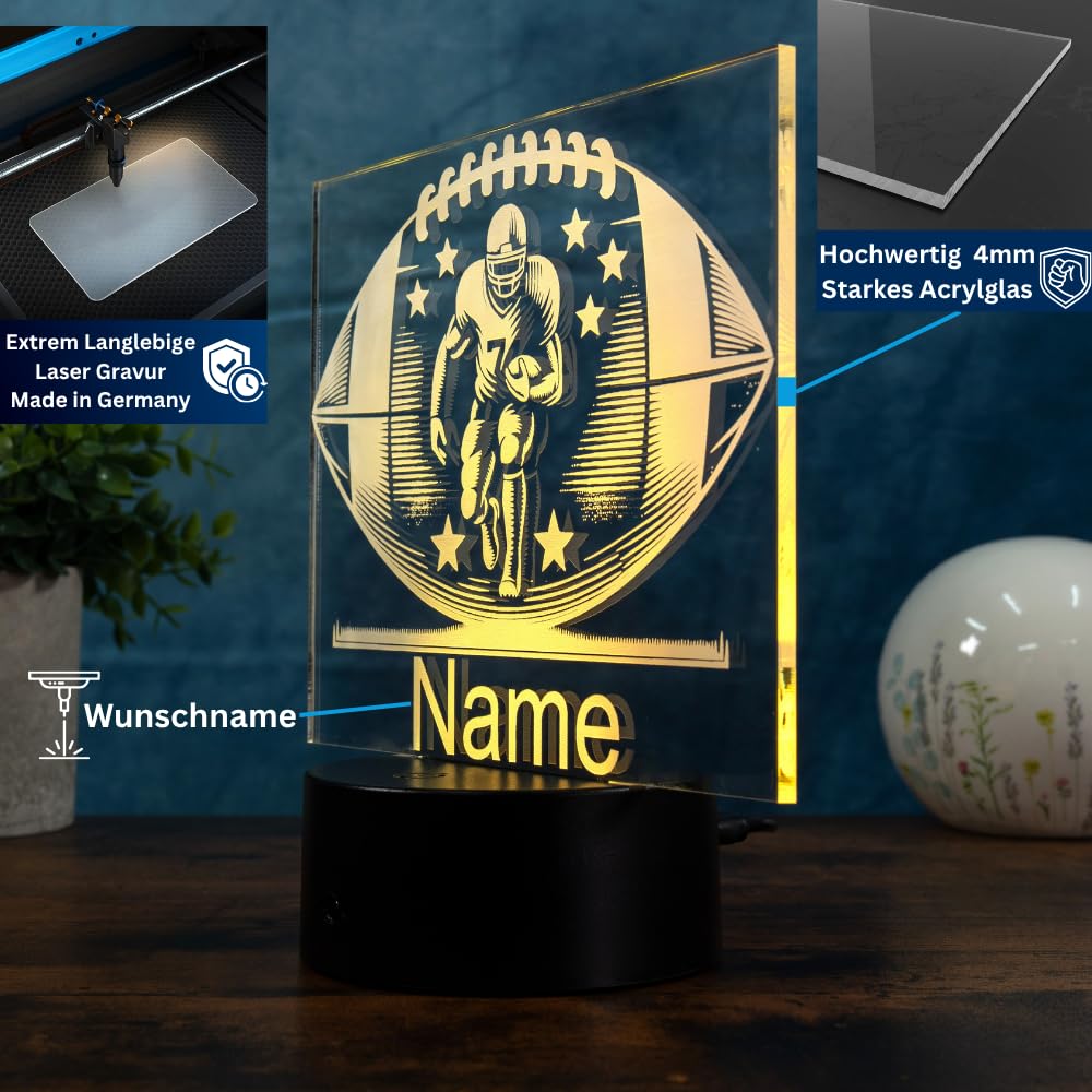 Personalisierte LED Football Lampe – Nachtlicht & Tischlampe mit Name – American Football Geschenk für Kinder, Jugendliche & Erwachsene – Football Deko für Zuhause & Vereinsheim, 16 Farben dimmbar