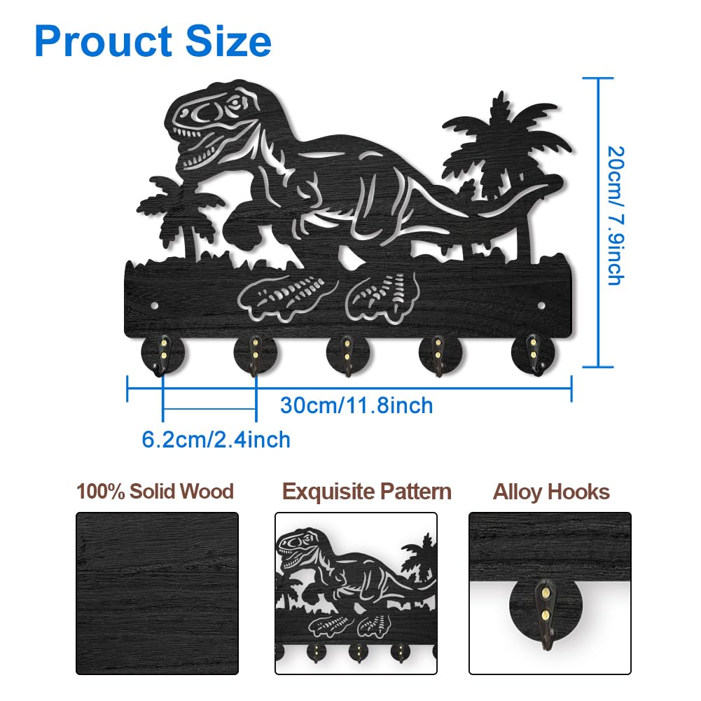 MAYJOYDIY Dinosaur Wall Mount Key Hanger, 30x20 cm, 5 Alloy Hooks, Wood Key Holder with Palm Tree Design for Gift Entryway - Image 2