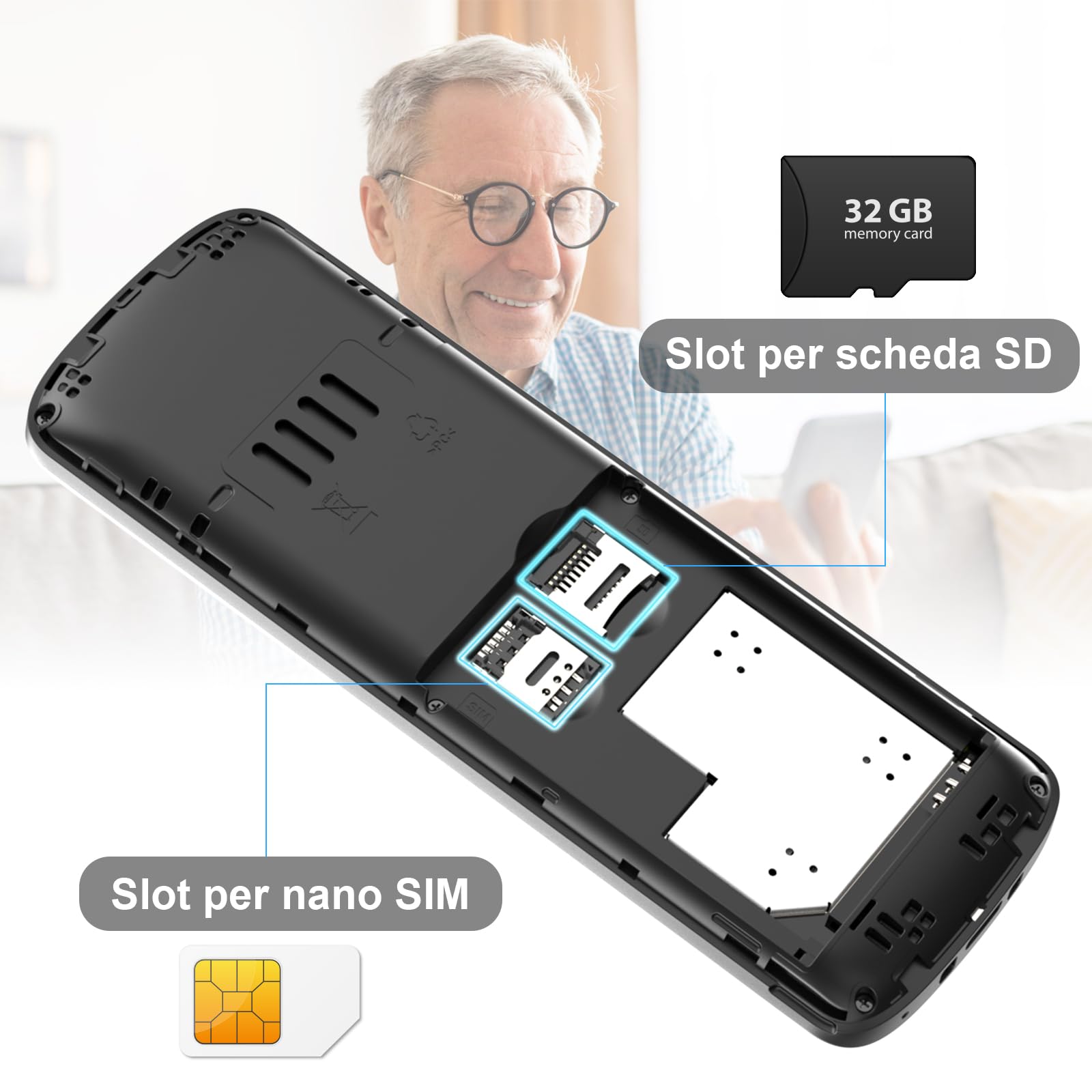 4G Telefono Cellulare per Anziani con Tasti Grandi, Ampio Display IPS 2,4" | Batteria da 1400 mAh, Telefoni per Persone Anziane Facile da Usare, Slot per Nano SIM, Chiamata Rapida,Base di Ricarica