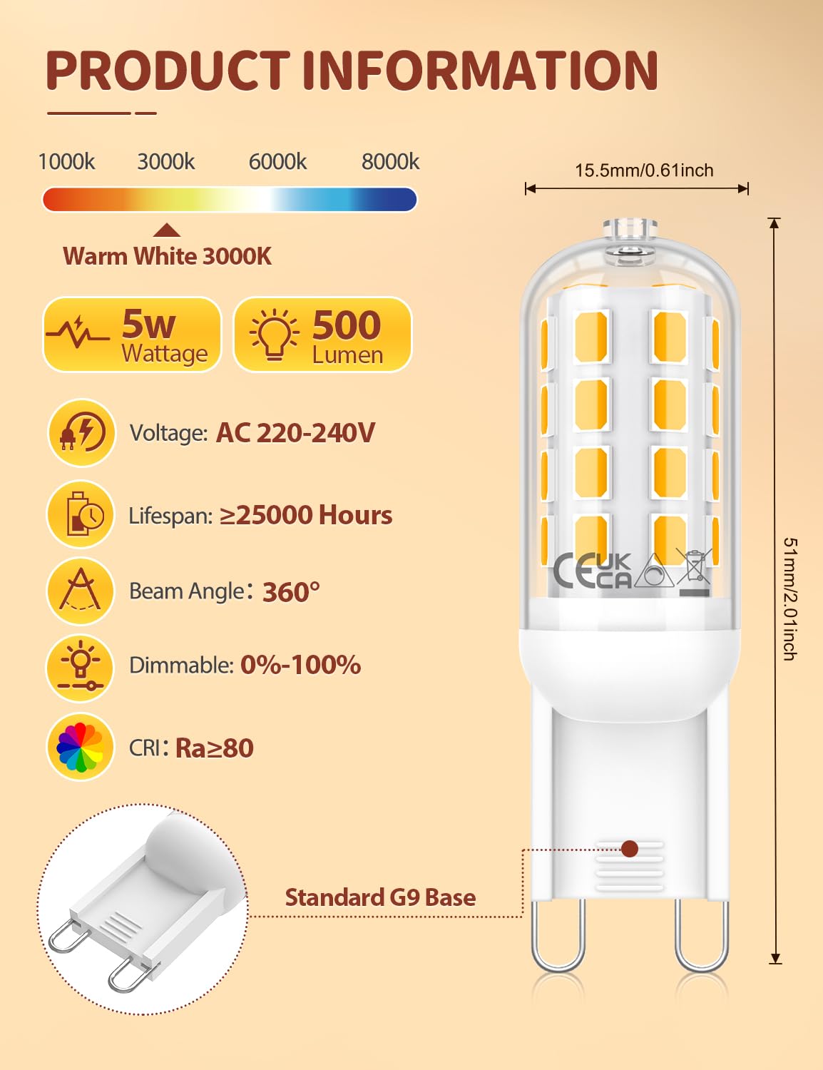 VIIIVA G9 LED Light Bulbs Dimmable 5W-12Pcs, Warm White 3000K, 500LM, Equivalent to 45W G9 Halogen Bulb, Energy Saving Bulb - Image 3