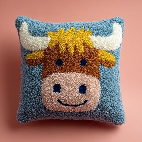 AxiangziK Pre-Printed Latch Hook Pillow Kit for Adults,Animals, Cattle Beginners DIY Crochet Pillow Kit 17X17Inch Needlework Cushion Cover for Home Sofa Decoration