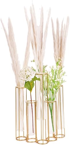 Miniatura 3 de Jarrón de tubo de ensayo con marco de metal, jarrones con bisagras para centros de mesa, florero de cristal para mesa con 5 tubos de ensayo, juego