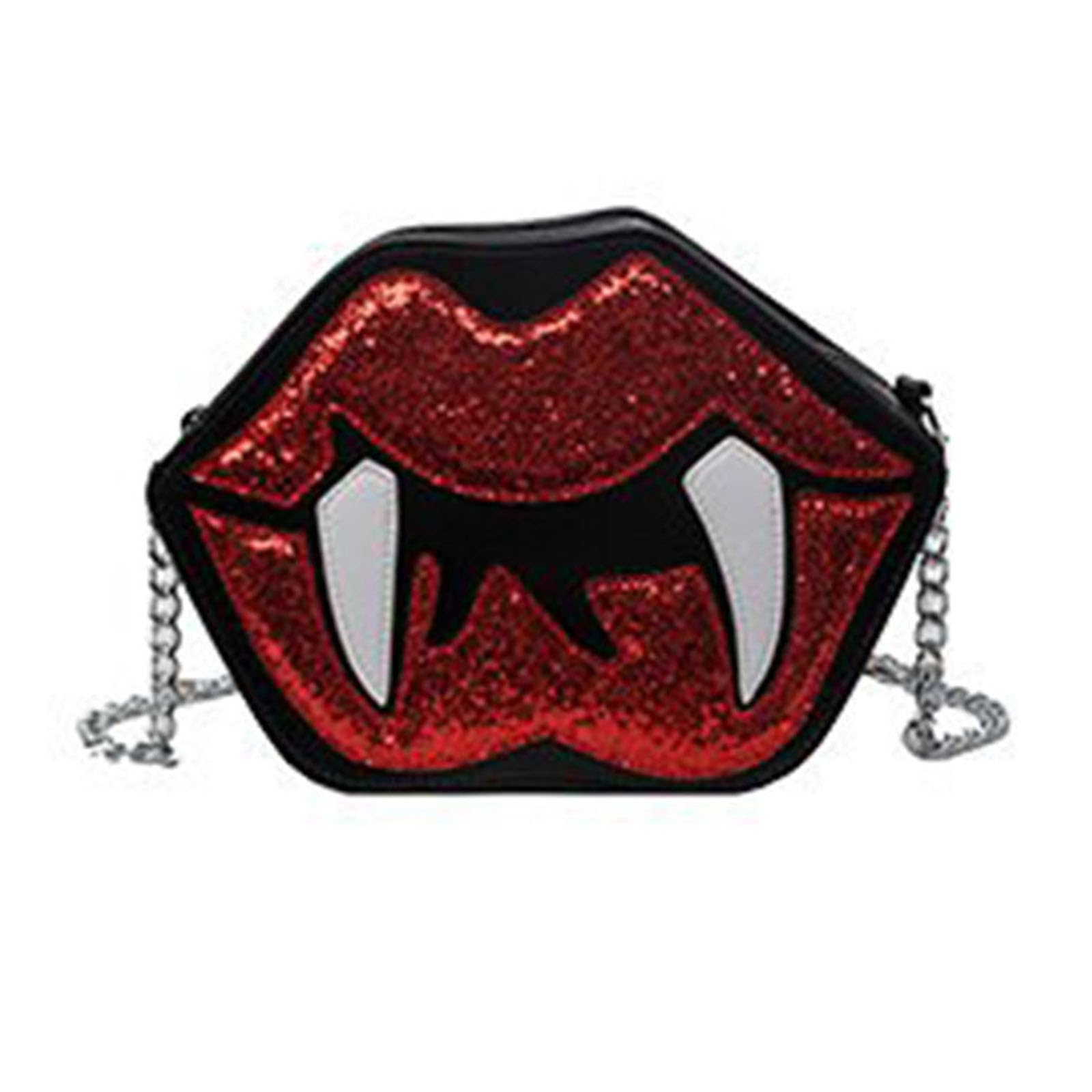 Ldabrye Handbags for Women Funny Vampire Tooth Lip Shape Shoulder Bag Crossbody Bag with Chain Halloween PU Leather Sequined Purse