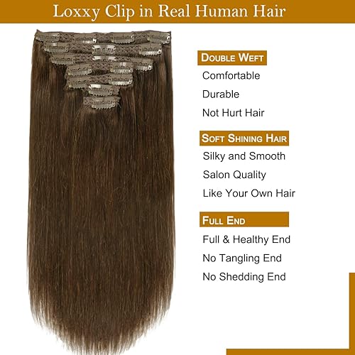 Miniatura 2 de Loxxy Extensiones de cabello humano con clip, color marrón chocolate, extensiones de cabello humano real, 4.23 onzas, 7 piezas de trama recta sedosa