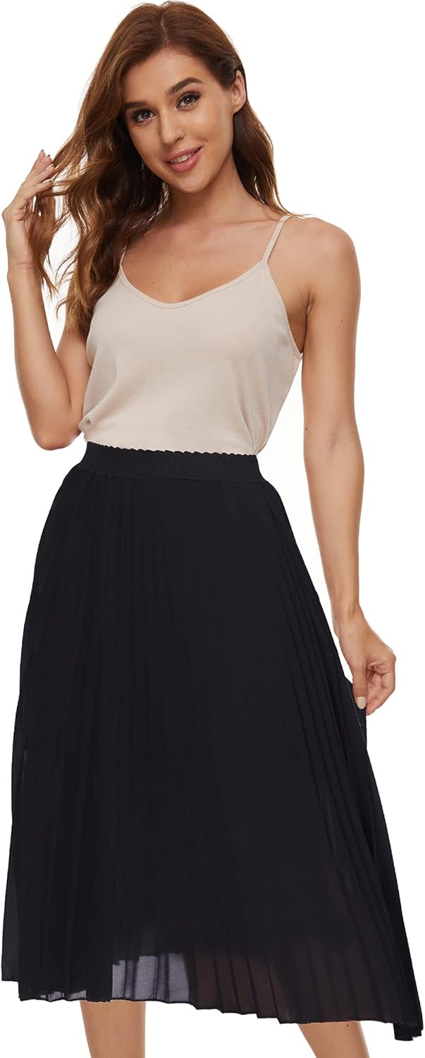 TEERFU Womens Chiffon High Waist Skirt Pleated A-Line Swing Elastic Shirring Midi Length - Image 8