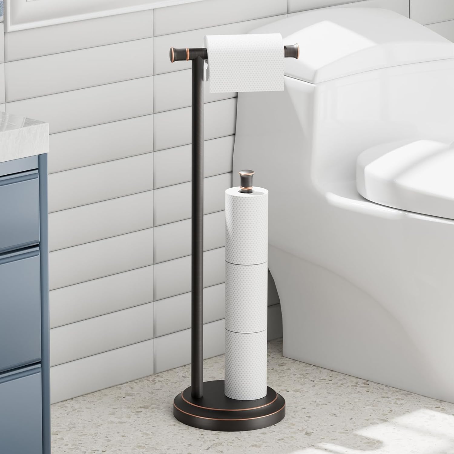 Hoimpro Toilet Paper Holder Stand Oil Rubbed Bronze Toilet Paper Holder Free Standing Floor Freestanding Bathroom Toilet Paper Tissue Roll Holder with Storage Hardware Accessories Rack Stainless Steel