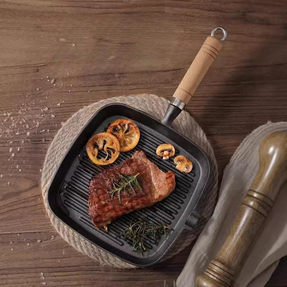 8.6 Inch Cast Iron Grill Pan for Stove Top, Square Skillet Griddle Pan with Pour Spout, Flat Steak Grilling Pan, Durable Indoor & Outdoor Use, Naturally Nonstick with Oil Seasoning, PFOA Free - Image 2