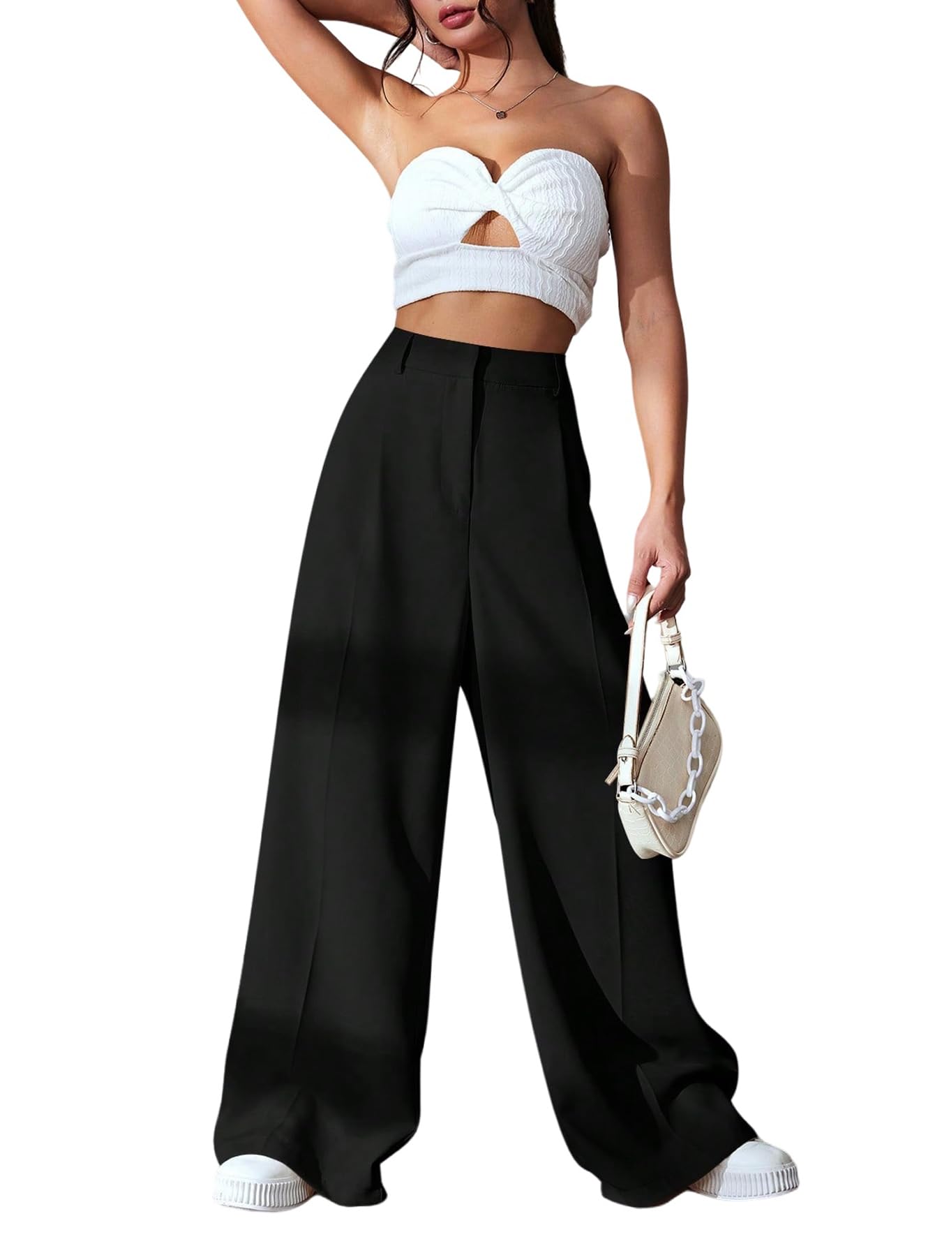 SweatyRocks Pantaloni in tessuto da donna, eleganti, a vita alta, con pieghe, stile Marlene, stile Old Money