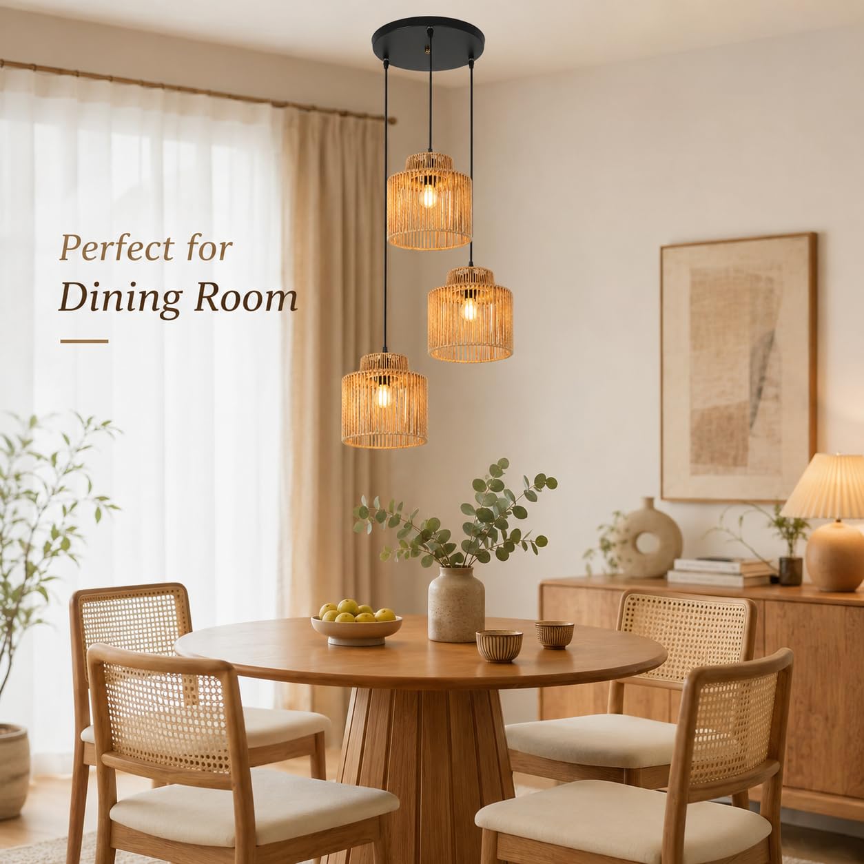 Lampada a Sospensione in Rattan Boho, Lampadario Japandi E27 con LED 15W Giallo Calda, Cavo Regolabile 120 cm, Ø20 cm, per Sala da Pranzo, Cucina e Camera da Letto,3 Light