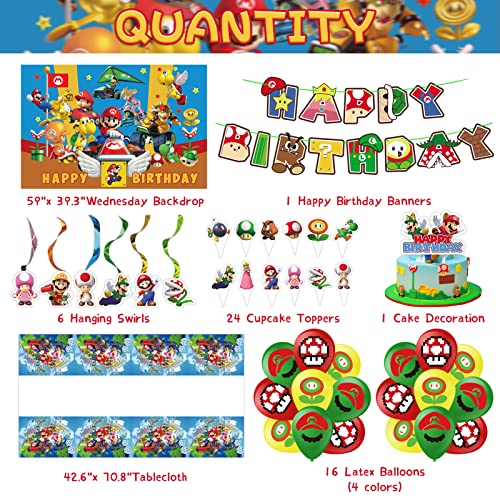Mario Birthday Party Supplies - Mario Party Supplies Included Mario 18 Balloons, Backdrop, Banner, 6 Hanging Swirls, Tablecloth, 24 Cupcake Cake Toppers #TOP1