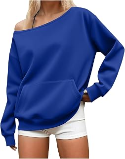 Womens Off the Shoulder Sweatshirt Oversized Long Sleeve Tops Trendy Cute Loose Plain Hoodie Fall Outfits with Pocket