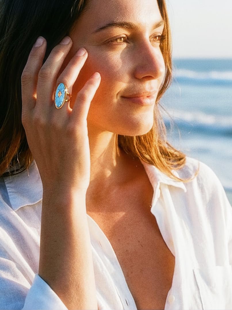 Boho Turquoise-Style Chunky Statement Open Ring, Wide Band Adjustable Gold-Plated Stainless Steel Ring, Jewelry Gift for Women