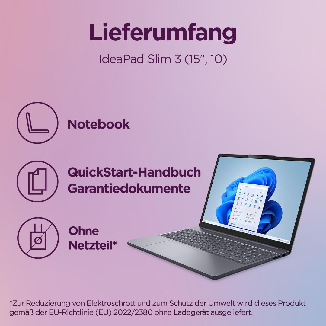 Lenovo IdeaPad Slim 3 Laptop | 15.3" WUXGA Display | AMD Ryzen 5 150 | 512GB SSD | 16GB RAM | AMD Radeon Grafik | QWERTZ | Windows 11 | Luna Grau | 3 Monate Premium Care