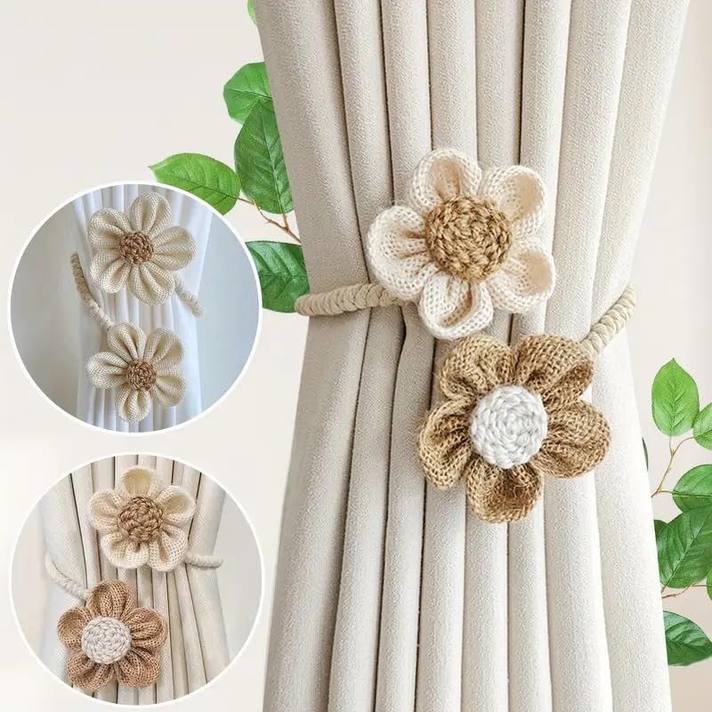 Image of Catchy Rope White & (Set of Brown Holders Holdback 2) Curtains Tieback Drapery Jute Tiebacks. Natural Decorative Window Neutral Combo Curtains Floral Curtain Beautiful