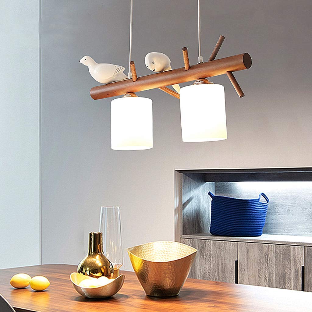 Wisząca lampa Mały ptak Wisząca lampa E27 Nowoczesny drewniany żyrandol sufitowy Prosty szklany stół jadalny Restauracja Sypialnia Oświetlenie Wysokość regulowana, 2 głowice