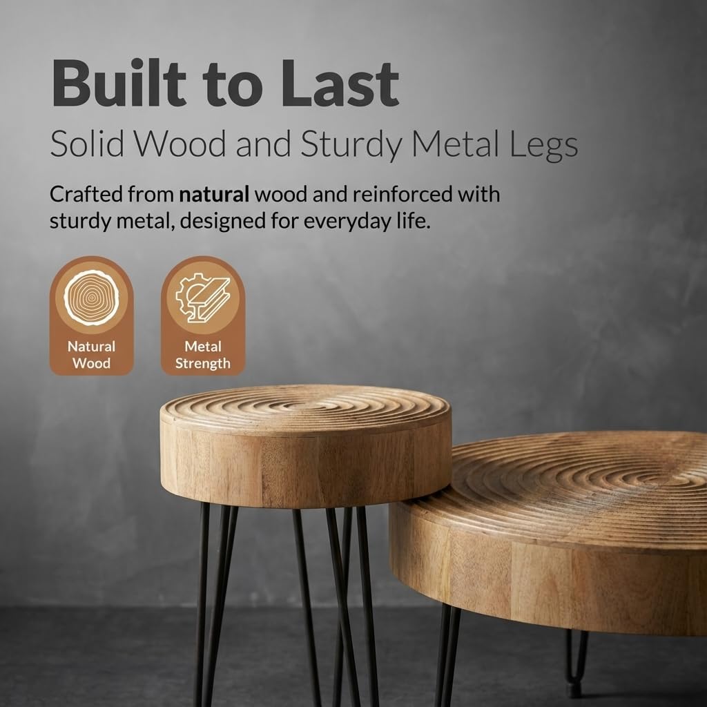 Relso Aspen Round Nesting Coffee Table Set of 2 – Solid Wood Nesting Tables with Metal Legs, Natural Finish | End Table with Ring Pattern | Modern Accent Tables for Living Room, Boho, Farmhouse Decor