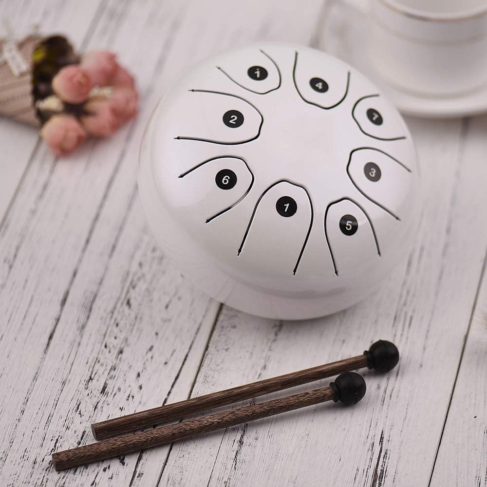 5.5"Mini 8 Tone Steel Tongue Drum C Key Percussion Instrument, for Children Musical Education, Easy to Play with Drum Mallets, Carry Bag, Ideal for Hand Pan Drum Enthusiasts (White)