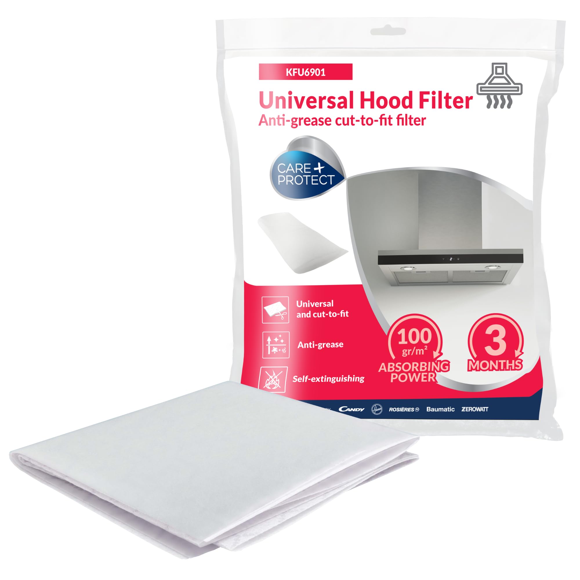 Care+Protect Cooker Hood Filter - Universal - Cut-to-Size - Anti-Grease - Anti-Odour - Self-Extinguishing - Size 47x97 cm - Absorbency 100 g-sq-m