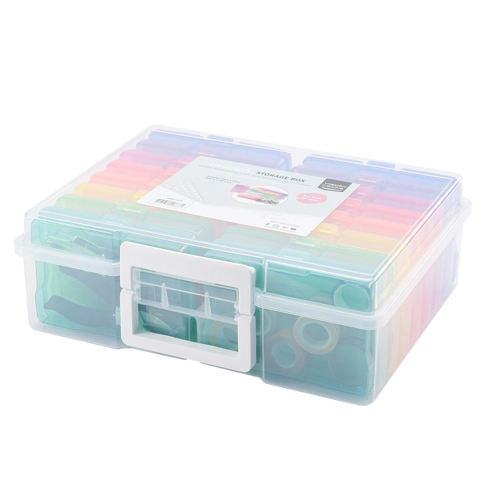 Vaessen Creative Mallette de Rangement Transparente avec Couvercle et 16 Boîtes Colorées, pour Matrices de Découpe, Photos et Autres Fournitures de Loisirs Créatifs, 37,50 x 30 x 13 cm