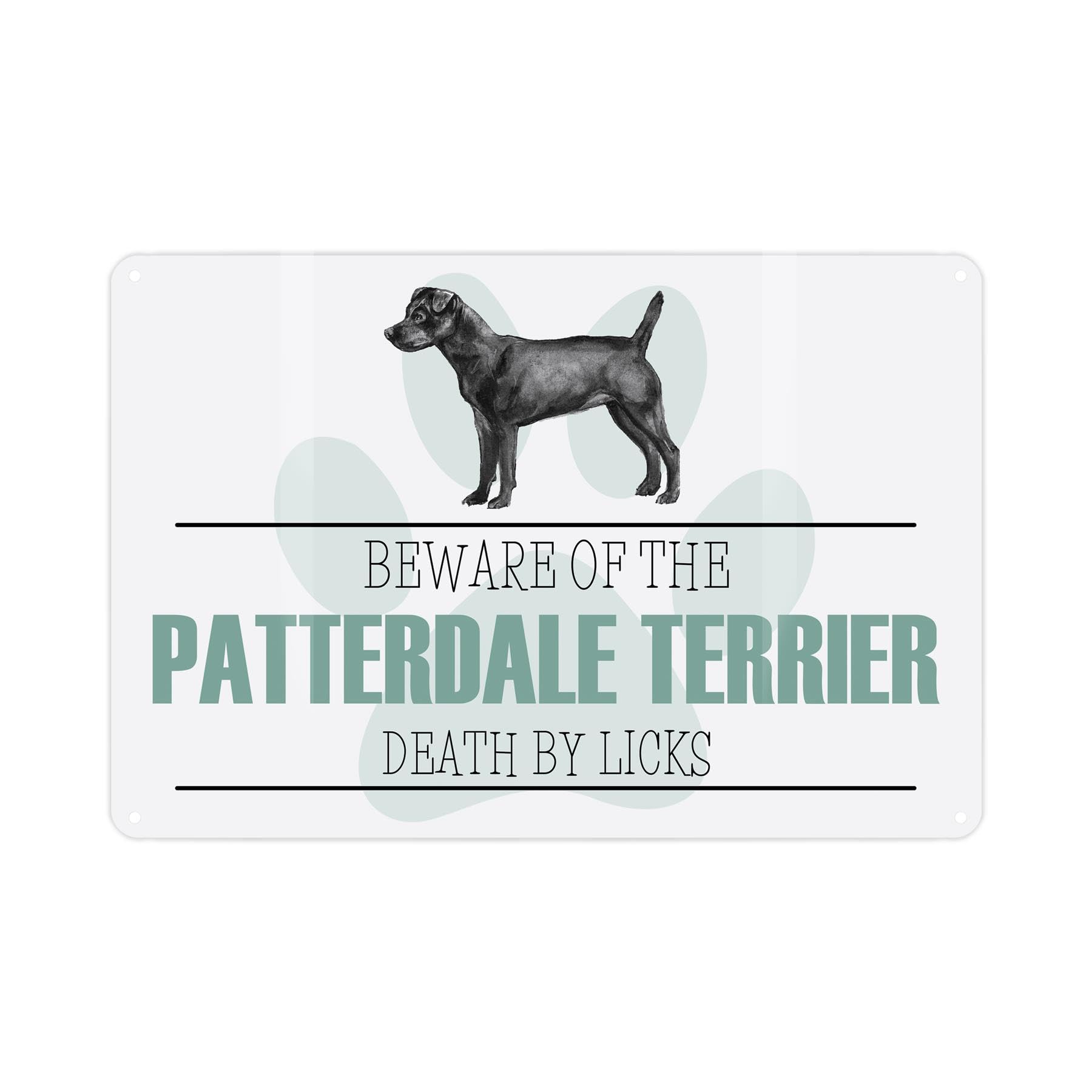 Patterdale Terrier Novelty Dog Sign - Beware the Dog Funny Metal Plaque - Paw Print Pet Wall Decor 28cm x 20cm