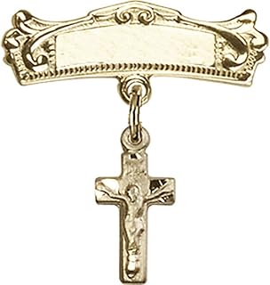 Gold Filled Baby Badge with Crucifix Charm and Arched Polished Badge Pin 7/8 X 3/4 inches