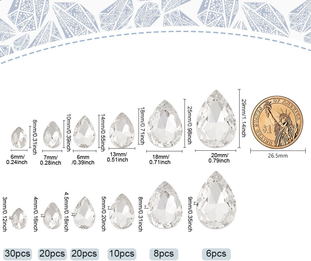 FINGERINSPIRE 94 Pcs Pointed Back Rhinestone 6 Sizes Glass Rhinestones Gems Clear Teardrop Crystal Beads Jewels Embelishments with Silver Plated Back Faceted Bead for Craft Decor Jewelry Making - Image 2
