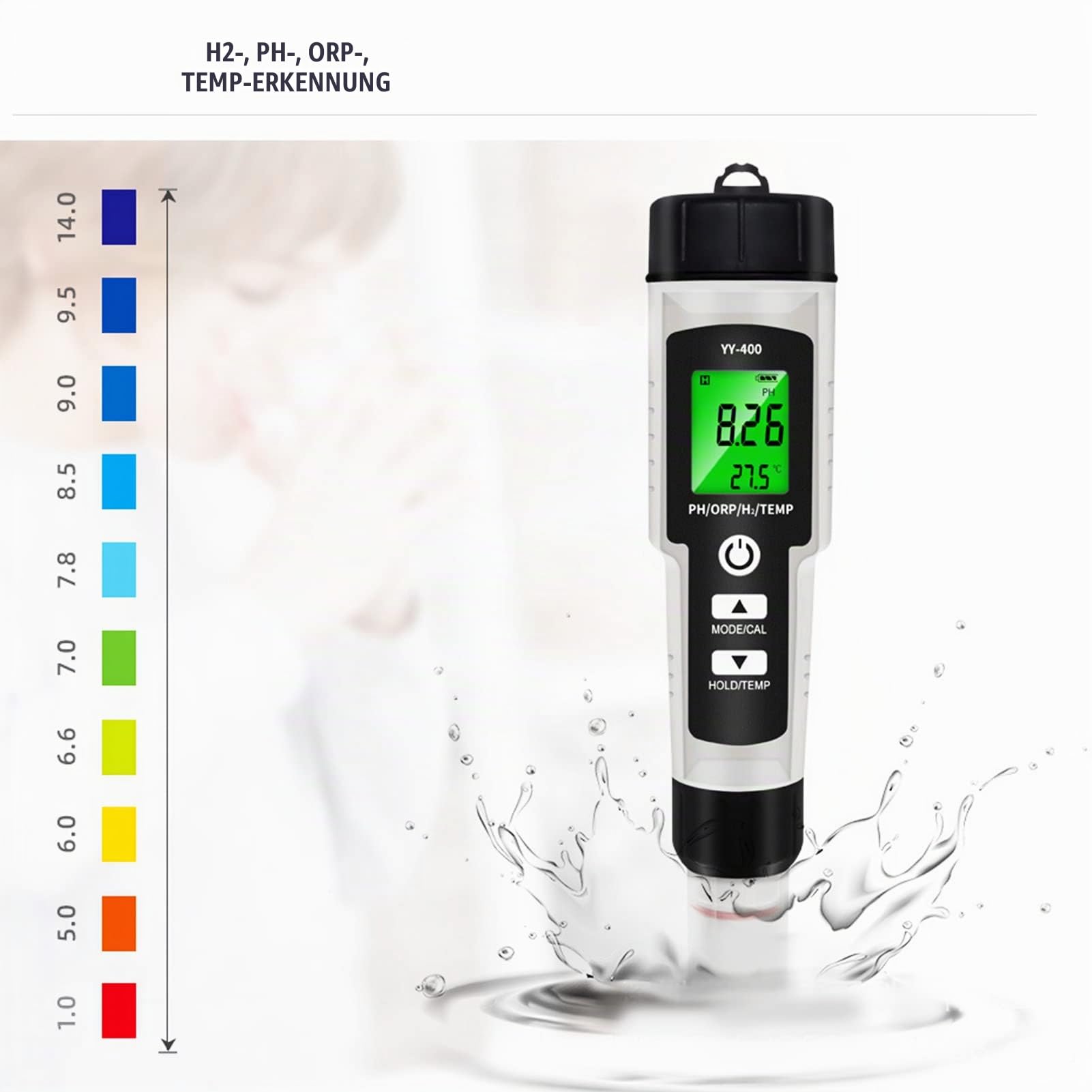 Wasserqualität Tester, Vier Funktionen in Einem, Stiftförmiges Design, Abnehmbares Design, LCD Digitalanzeige zur Messung von PH, ORP, H2 Wasserstoffgehalt und Temperaturwert